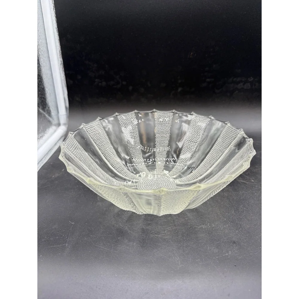 Vintage Clear Glass Scalloped Bowl Textured Stippled Stripe‎ Sunburst 8.5 Inch